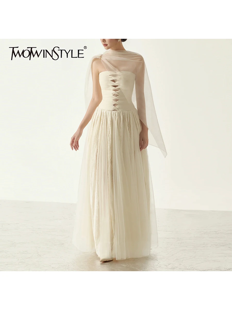 TWOTWINSTYLE Ruched Slimming Solid Spliced Maxi Dress for Women Strapless Sleeveless Patchwork Zipper Mesh Dresses Female Style