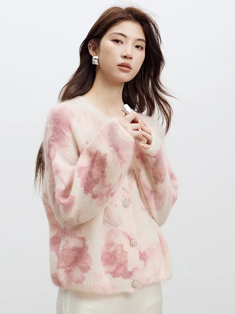 Birdtree 26,6 % Wolle 30,5 % Mohair-Cardigan, einreihiger Strickmantel aus Wollmischung mit Damenmuster, Farbstoff, volle Ärmel, Nagelperlen, Strickmantel T58904JF