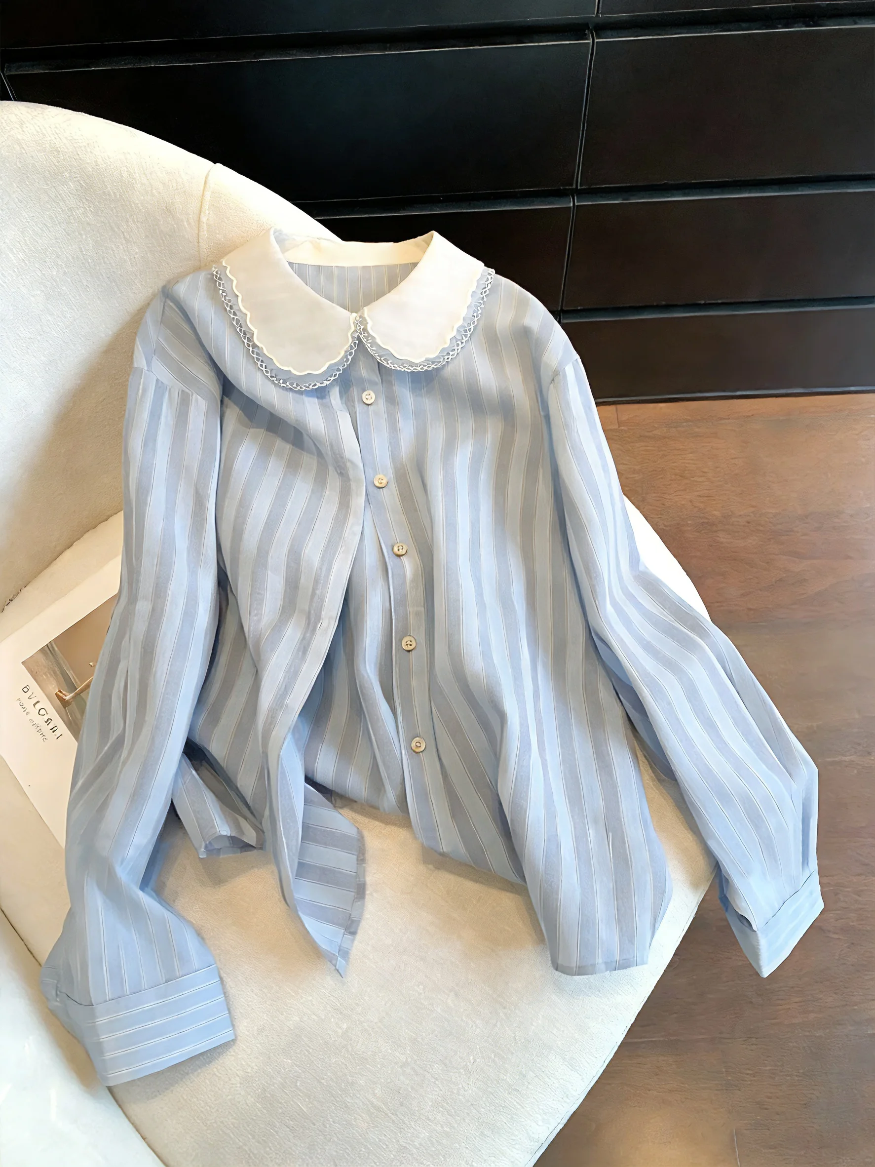 

Casual Sle Long Sve irt Women's Sweet Fre Doll Collar Thin Design Spring Autumn Loose Fit Basic Color Button up