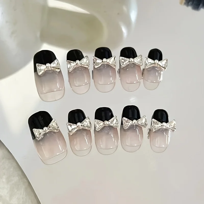 10pcs Handmade press on nails medium,Sparkling bow decoration nail art,Women Girls Manicure Decorations,Reusable nails