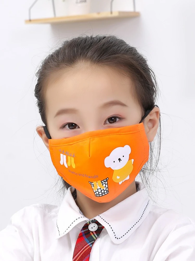 Masque facial en coton ours de dessin animé PM2.5, Protection contre la poussière avec filtre à charbon actif, couvre-bouche réutilisable coupe-vent pour enfants de 3 à 10 ans