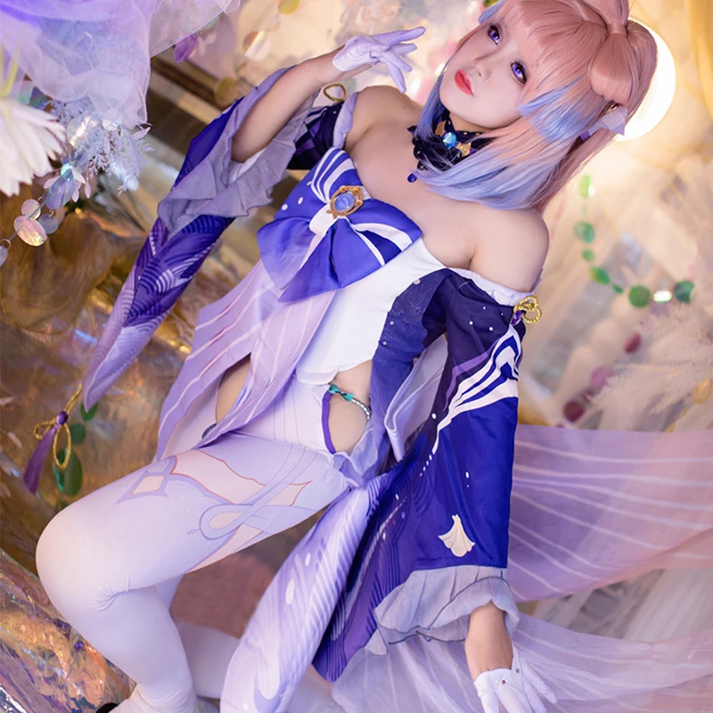 Game Genshin Impact Sangonomiya Kokomi Cosplay Costume Wig Dress with Back Decoration Sexy Outfit Full Set Halloween Party Gift