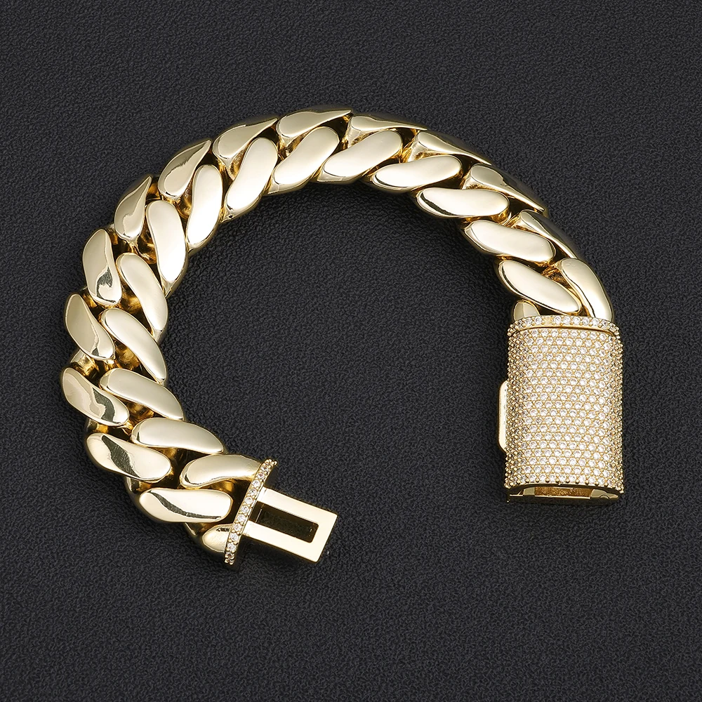 ESKEEM 14K Gold Plated High Polished Cuban Link Chain Necklace Iced Out Full Micro Pave Cubic Zirconia Box Clasp Hip Hop Jewelry