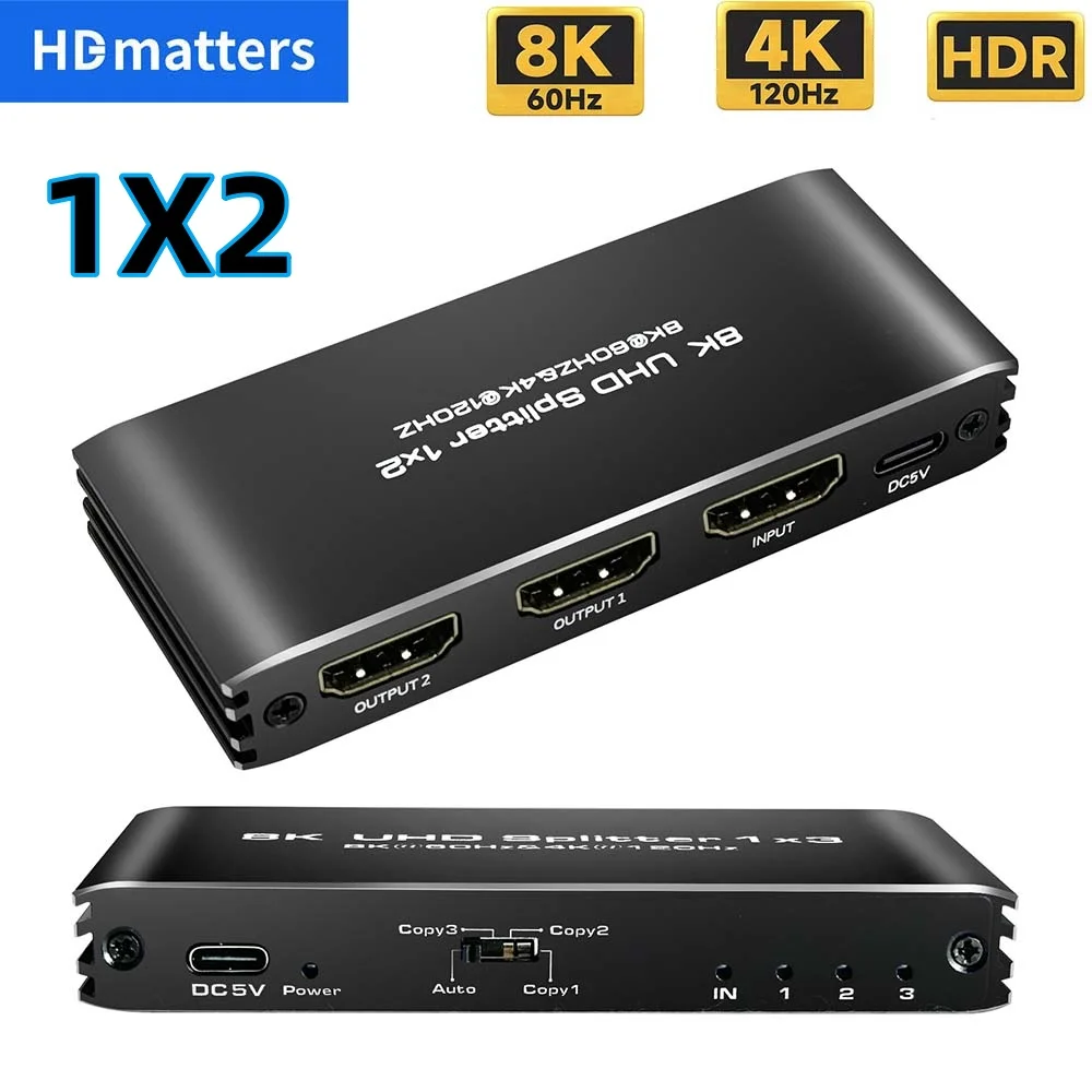 HDMI 2.1 Splitter 1X2 8K@60HZ 4K@120HZ Video UHD Splitter Converter HDCP2.3 with power Supply for Xbox Series X,PS5,NS Switch