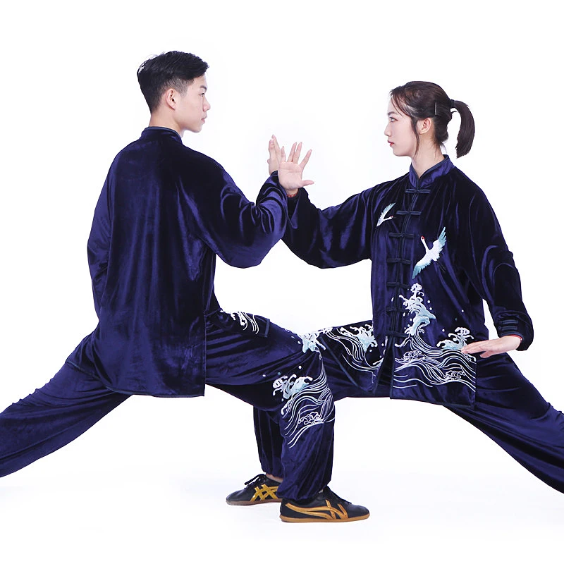 Korean Velvet Tai Chi Suit, Thickened Autumn/Winter Embroidered Set for Unisex Performance & Practice