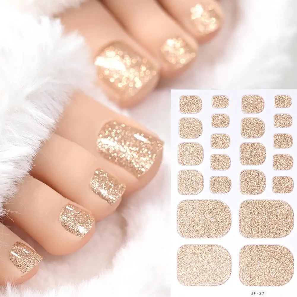 1sheet Glitter Toe Nail Wraps Solid Color Self-Adhesive Toe Nail Decals Strips 22tips Full Nail Polish Strips Summer Toe Decora