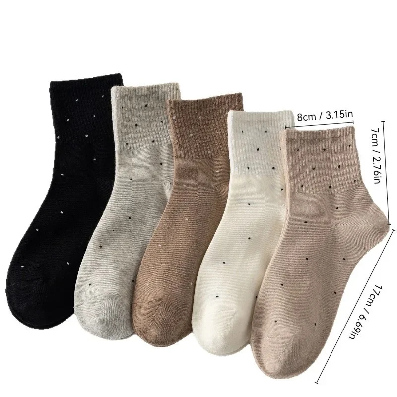 5 Pairs Women'S Casual Mid-Calf Sock,Solid Colors And Polka Dot Designs,Versatile Sock for Sports,Outdoor Activities,And Cycling