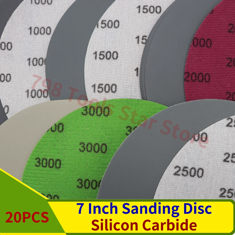 20 buah 7 inci amplas cakram kait dan Loop 60-10000 Grit basah kering amplas logam, Silicon Carbide amplas untuk DA/Orbital Sander