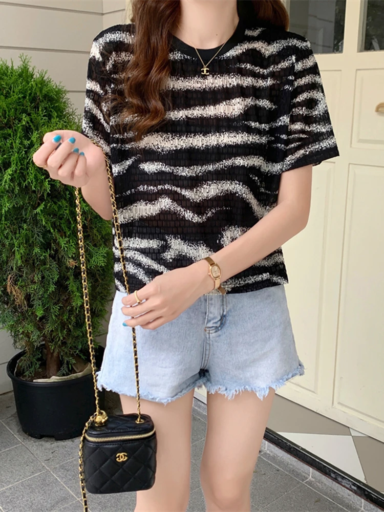 2023 Summer New Zebra Pattern Shoulder Pad Hollow Micro Transparent T-shirt