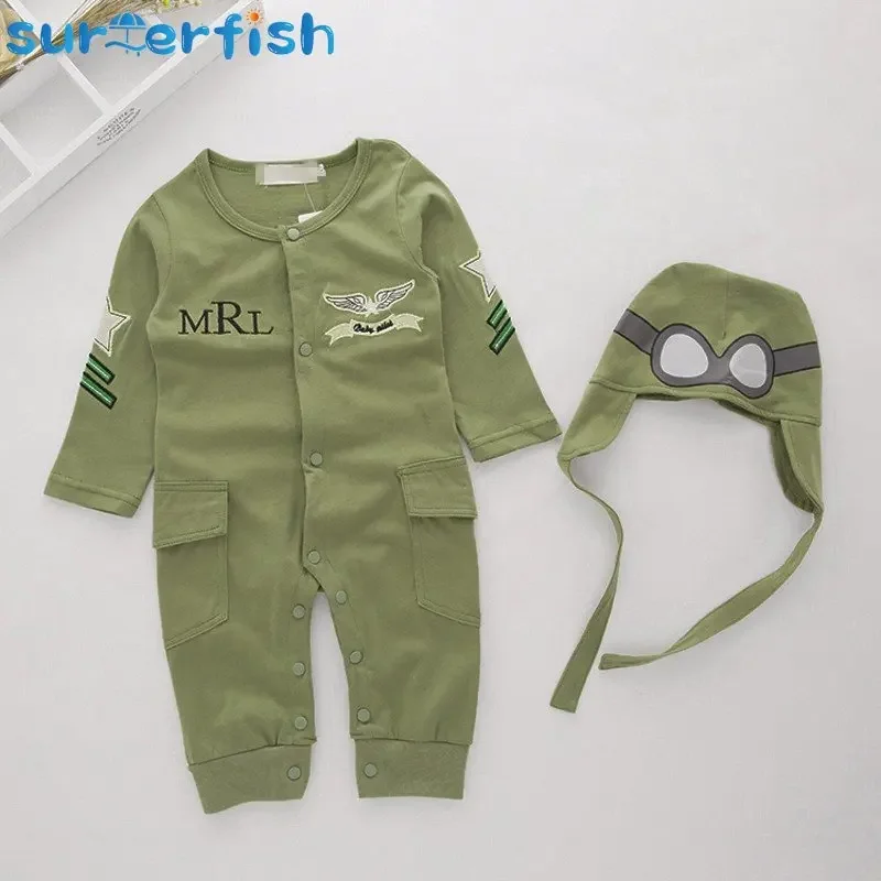 Baby Boy 2pc Set Infant Green Full Sleeves Pilot Aviator Romper+Hat 2pcs Set Playsuit Outfit Jumpsuit Rompers Halloween Costume