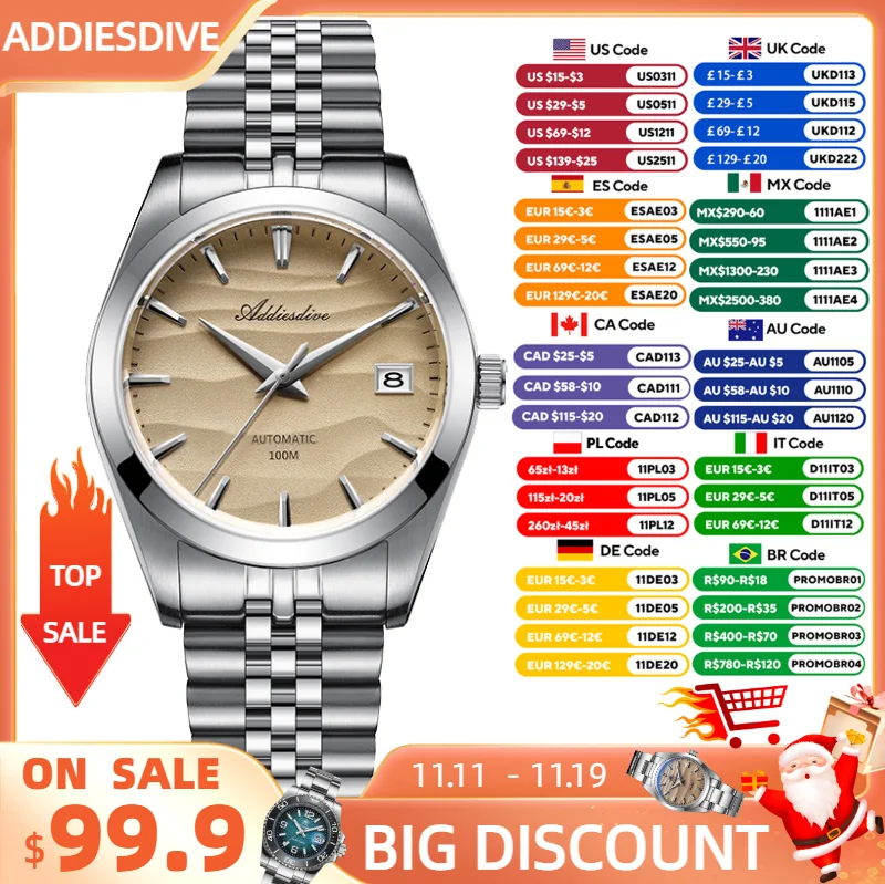 ساعة ADDIESDIVE AD2059 أوتوماتيكية NH35 ياقوت 100 متر مقاومة للماء 316L ساعة ميكانيكية من الفولاذ المقاوم للصدأ 39 ملم للرجال