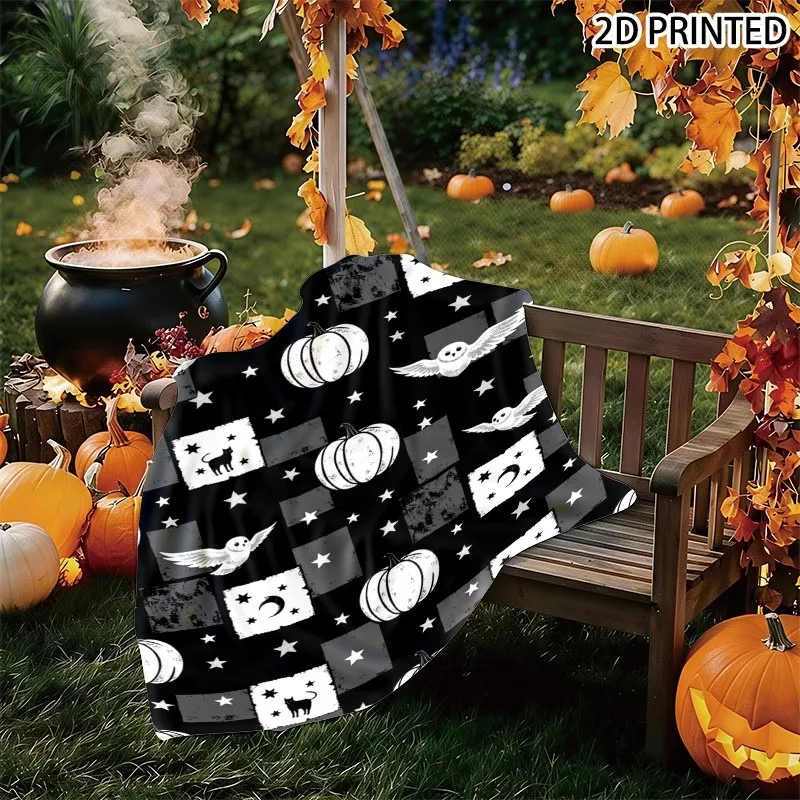 Spooky Whimsical Halloween Pattern Throw Blanket, Densely Packed Black & White Repeating Design Featuring Owls, Pumpkins, Cats,