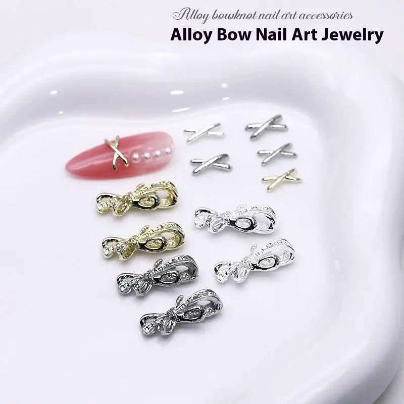 Breloques 3D en alliage pour Nail Art, 20 pièces, bijoux de luxe avec nœud Kawaii, or, argent, strass, décoration, accessoires de bricolage, pièces