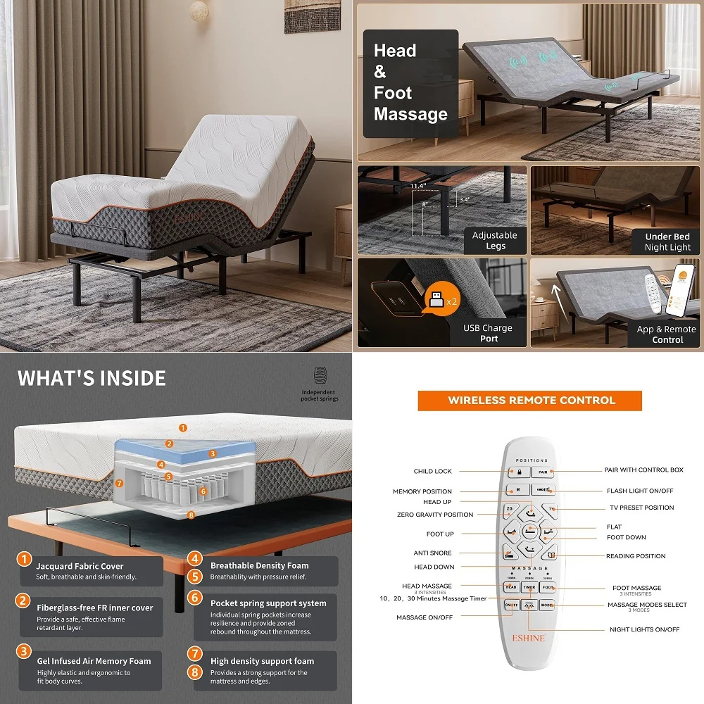 

Twin XL Adjustable Bed Frame, Independent Head amp Foot Incline, Dual Motor Electric Bed Base with Remote Control, HeightAdjust