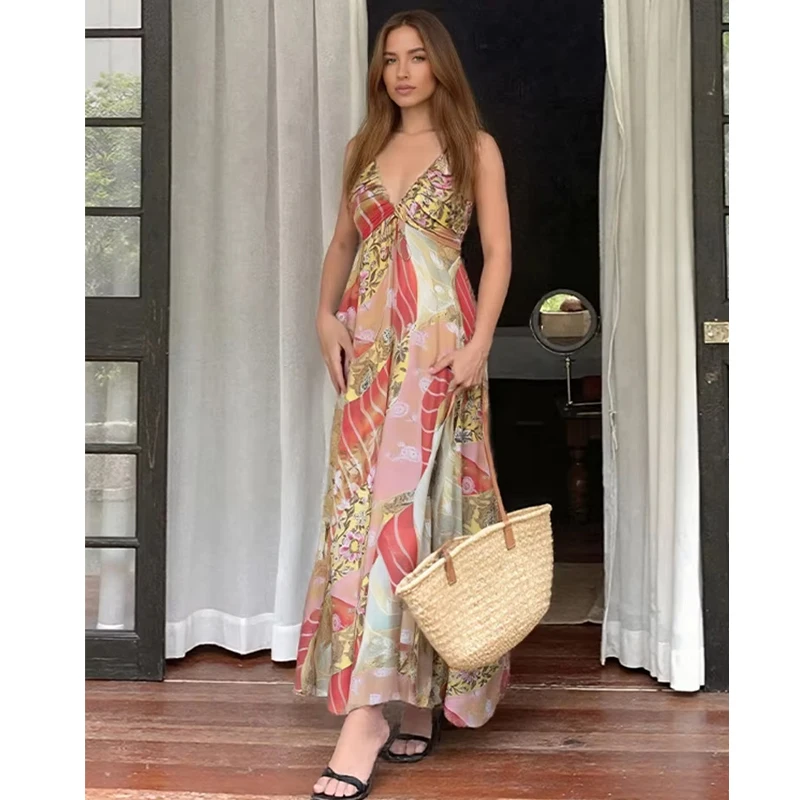 MUJER Stampa Abito longuette increspato Donna Abiti da festa sexy senza schienale per le donne 2025 Boho Beach Abito da donna Abito da notte estivo Donna