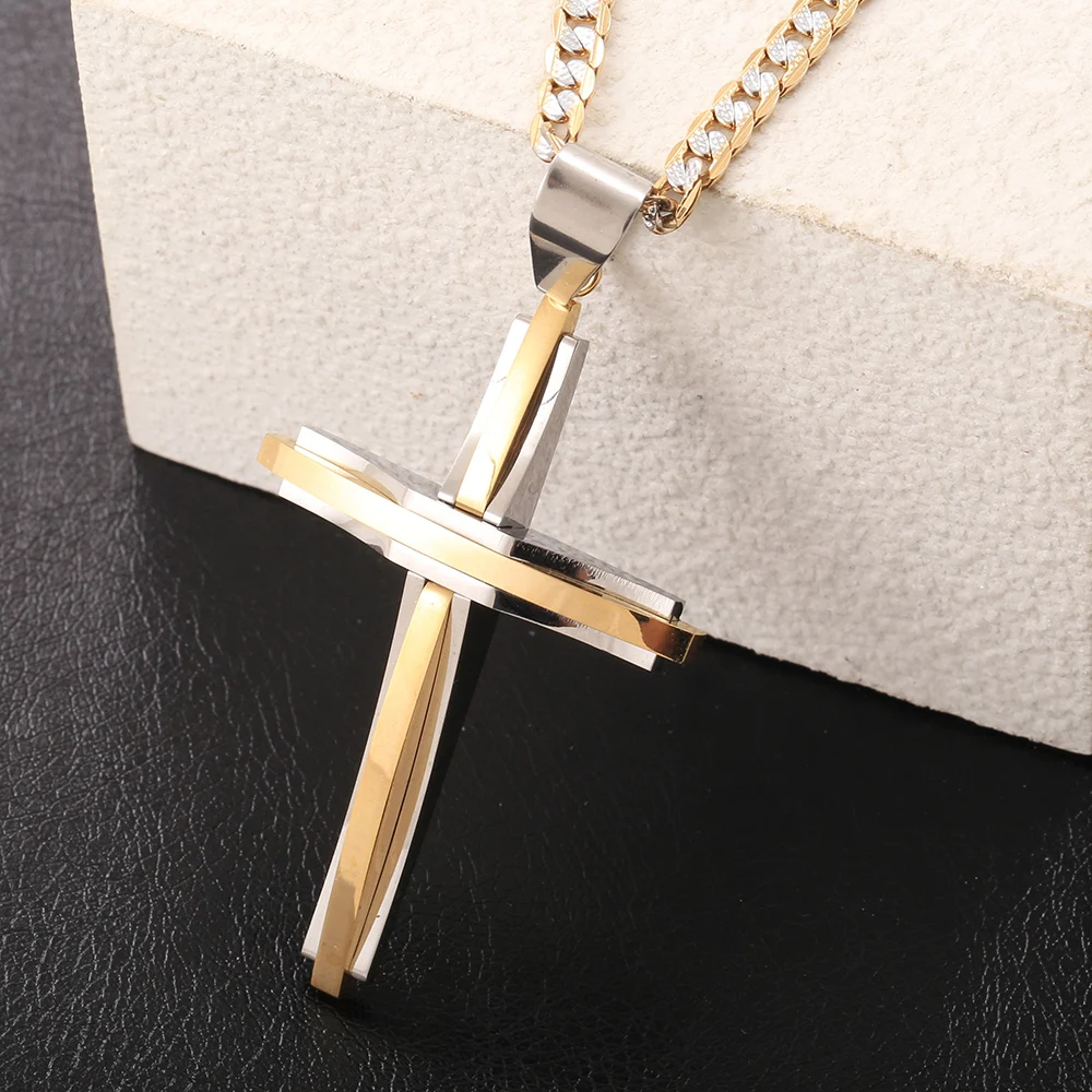 Hermah Cross Pendant Necklaces for Men Stainless Steel Gold Black Silver Color Curb Cuban Link Mens Cross Necklace Chain Jewelry