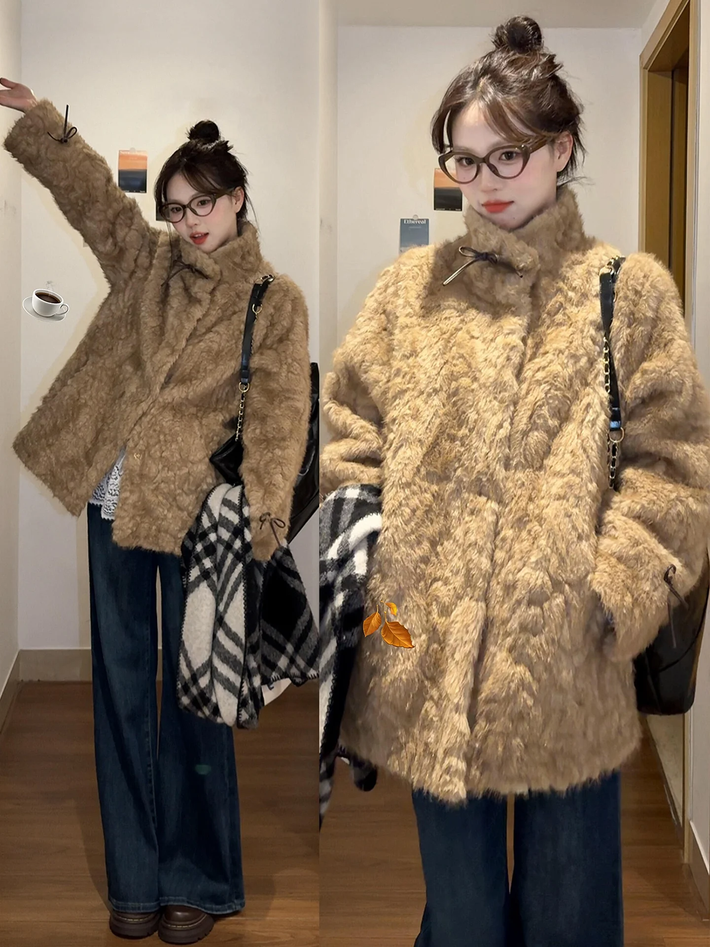 Chaqueta larga de lana de cordero para mujer, técnica de empalme de Color, tono de unión, proceso de conexión de sombra, pigmento de procedimiento de enlace de tinte