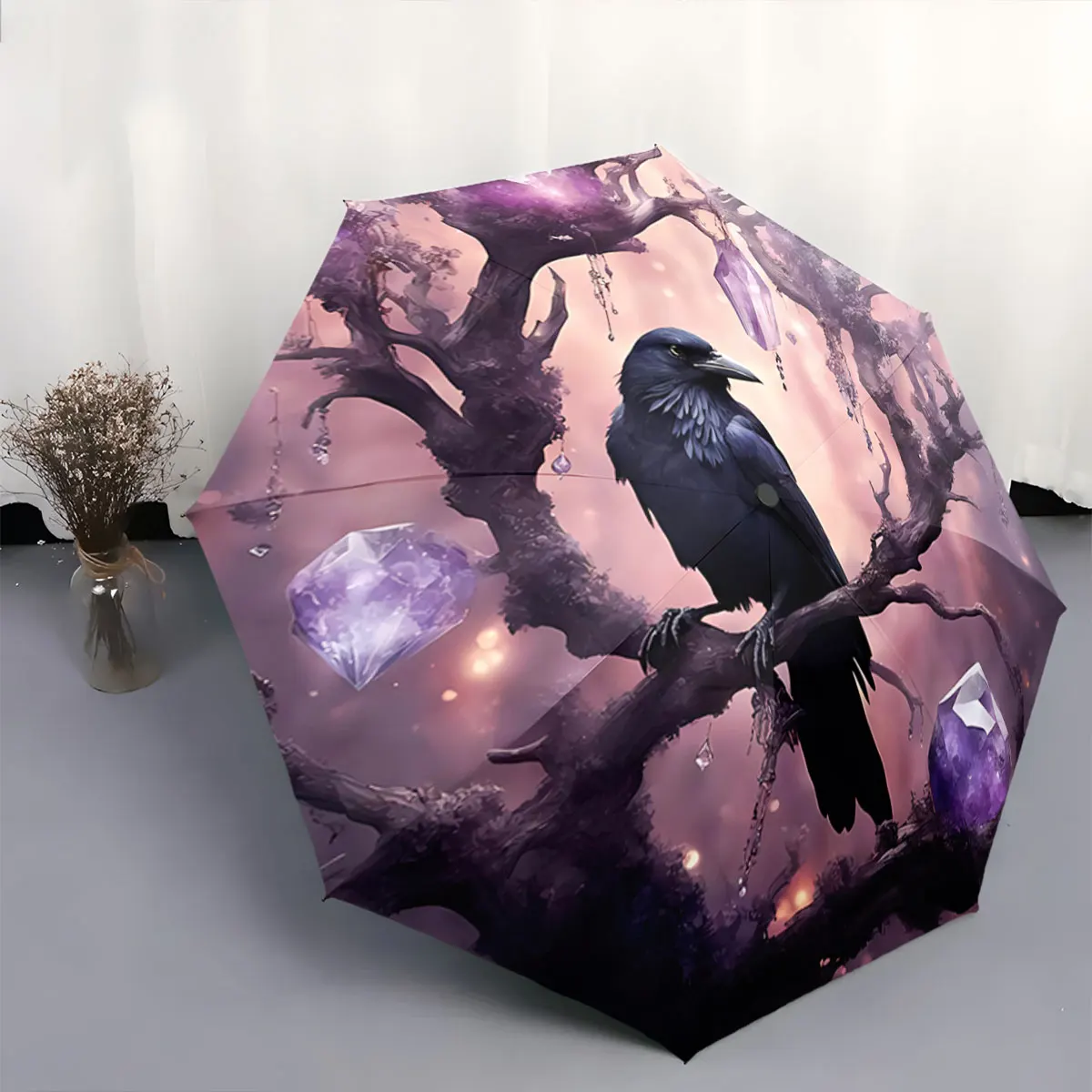 Mystical Raven On Tree Branch Surrounded By Purple Crystals portable waterproof sun rain umbrella for outdoor travel beach