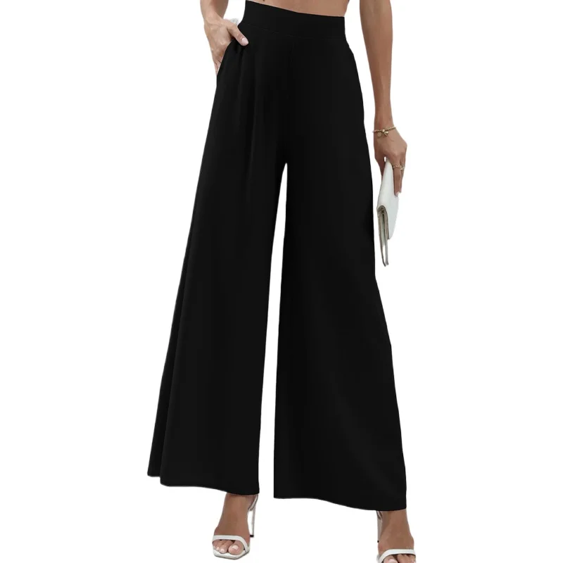 2025年シックなストレートレッグパンツ レディース ゴムウエスト 着痩せ効果 無地 ブラック デイリー オフィスウェア トラウザーズ