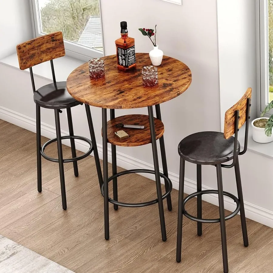 3-Piece Dining Table Set for 2, Small Round Kitchen Table with 2 Chairs, Counter Height Bar Table with Storage, Pub Table and P