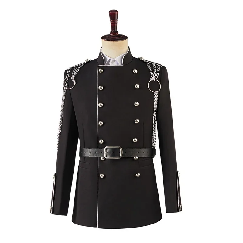 

Men Blazer Silver Chain COS Boy Group Court Military Uniforms Bar Singer Live Broadcast Black Sash Catwalk Stage Performances