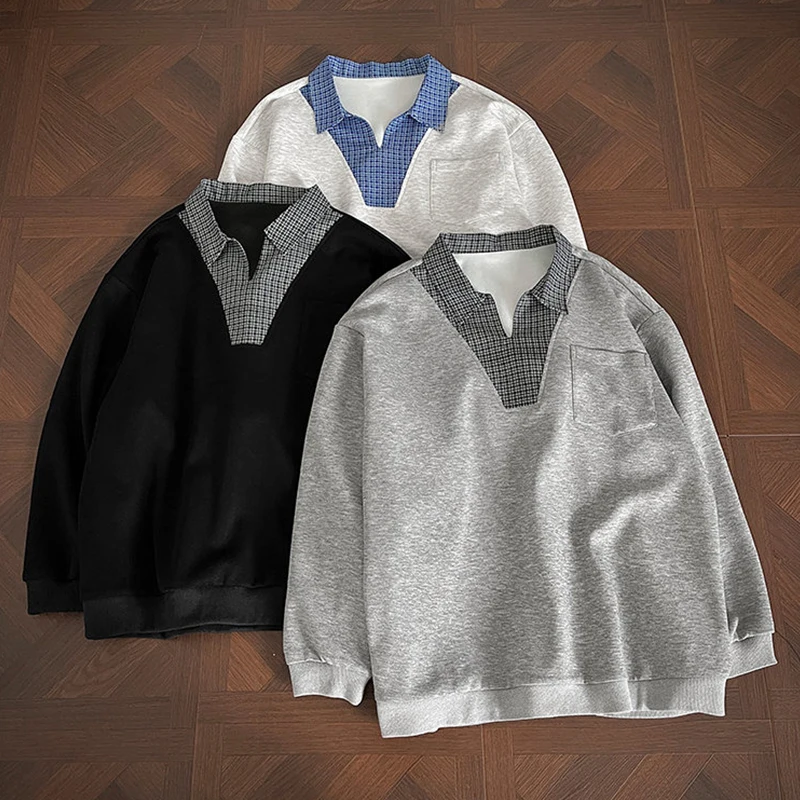 

Retro Korean Streetwear Fake Two-Piece Plaid Collar V-Neck Oversize Sweatshirt Long Sleeve Top Trendy Male Blouse
