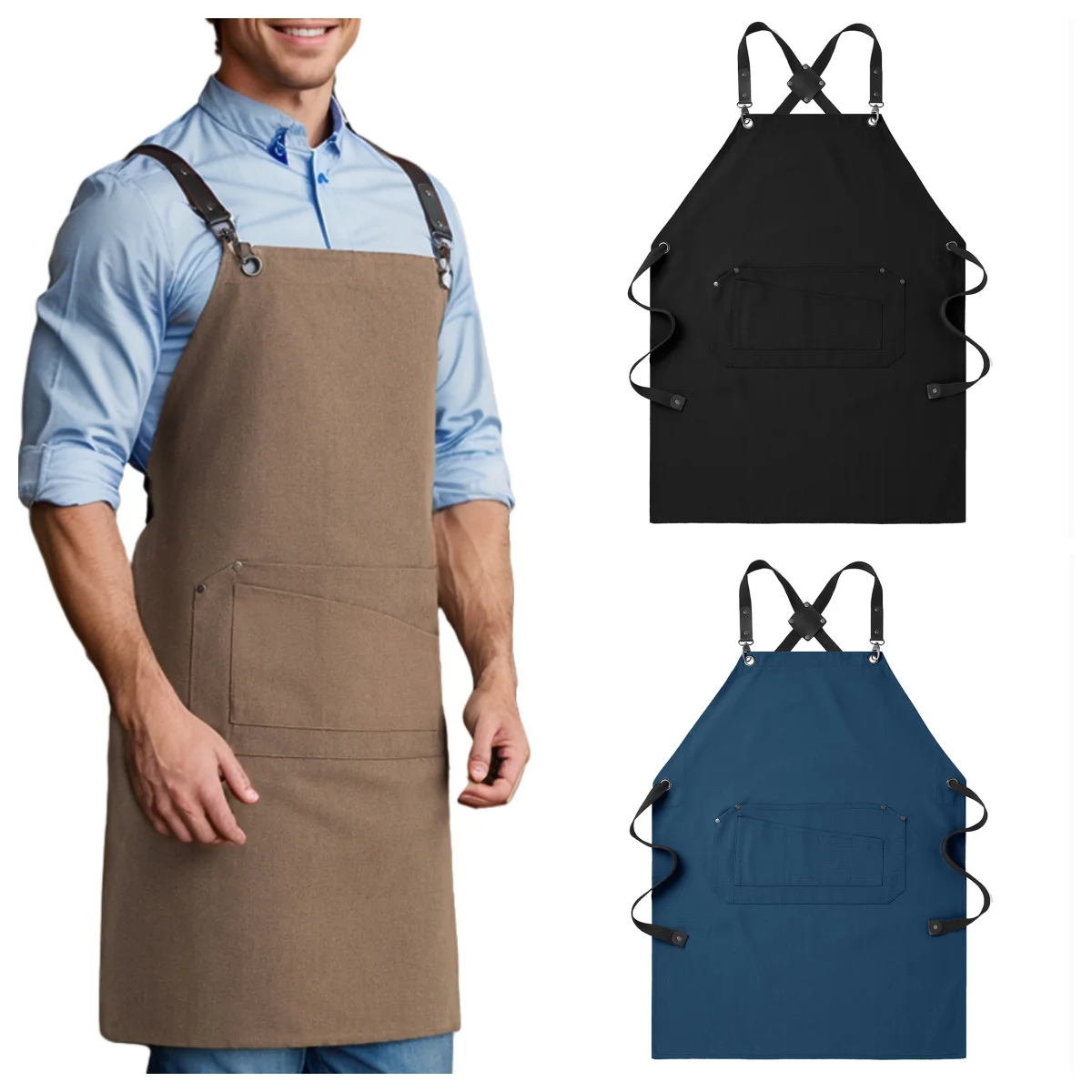 

1 piece chef apron for men and women with multi-functional large pockets, cotton canvas cross-back straps heavy-duty adjustable
