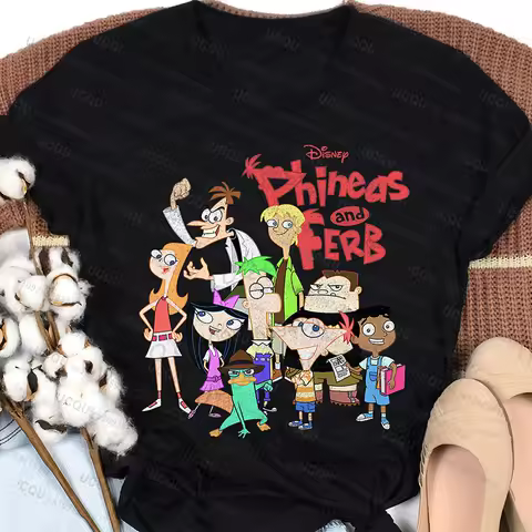 Phineas And Ferb Group Characters Funny Cartoon Shirt Cartoon Family Matching Casual Cotton Tshirt Streetwear Men's Clothing