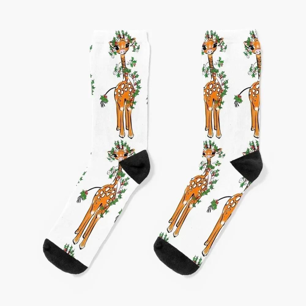 Festlicher Feiertag, süße Giraffen-Illustration mit Holly-Weihnachtsgirlande, modische farbige Herrensocken, Luxusmarke für Damen