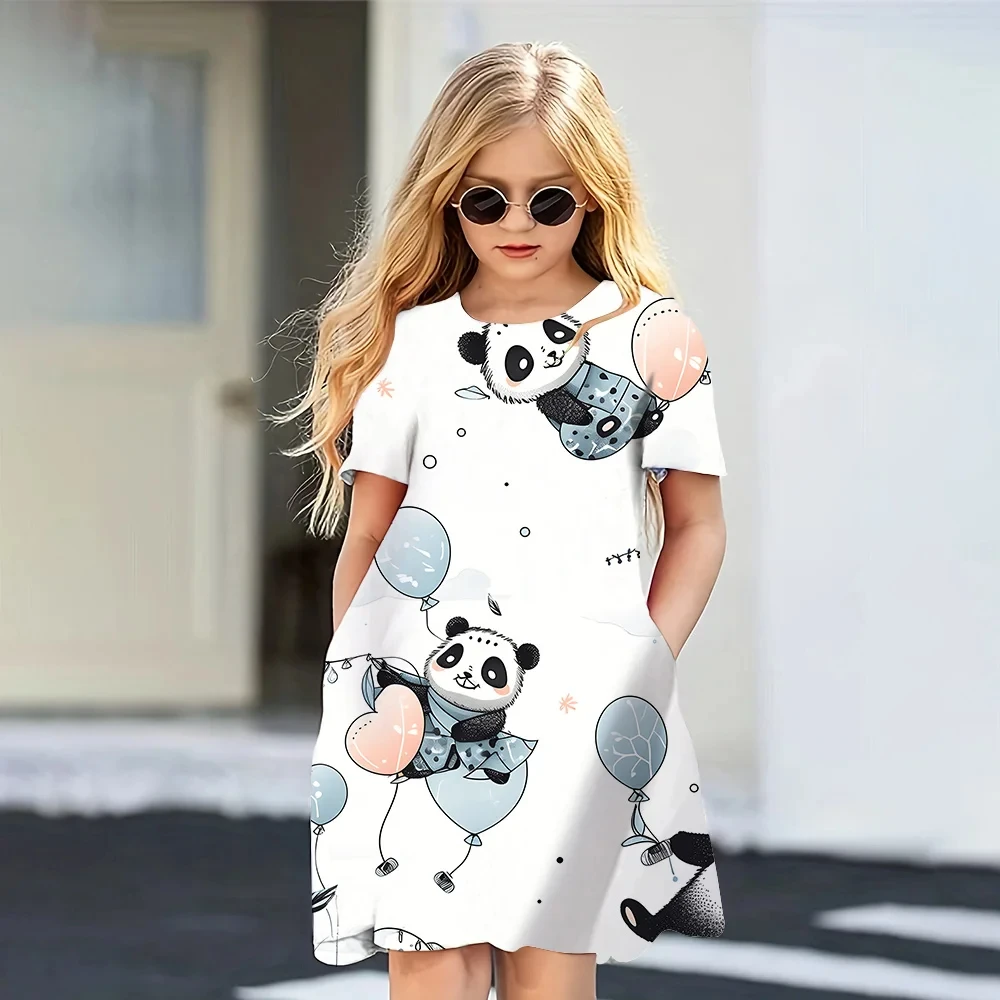 MINISO Girls Summer Dress Fashion Cartoon Cute cartoon Panda Print Women Dresses Girls Short Sleeve Princess Dress Girls Clothes