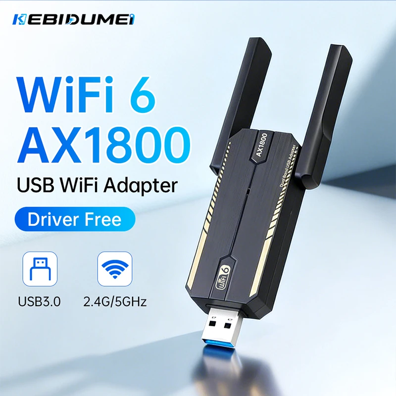 KEBIDUMEI USB 3.0 WiFi 6 Adapter AX1800 Dual Band 2.4/5Ghz 1800Mbps Driver-Free High Gain for Desktop PC Laptop Network Card