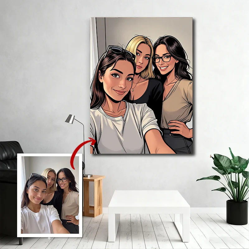 Custom Photo to Cartoon Three Friends Wall Art - Personalized Comic Style Poster for Best Friend Gift