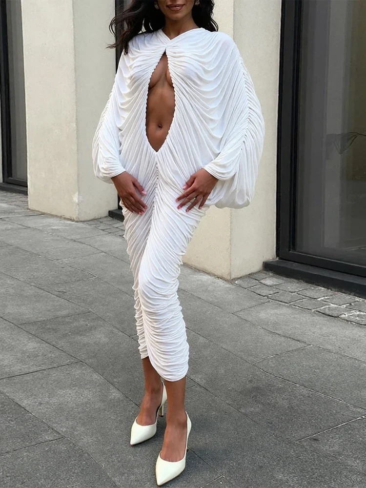 

Hollow Ruched Patchwork Dress Peach Buttocks Bat Sleeves Chic Hipster Autumn Hipster Clubwear Skinny Stretch Vestidos