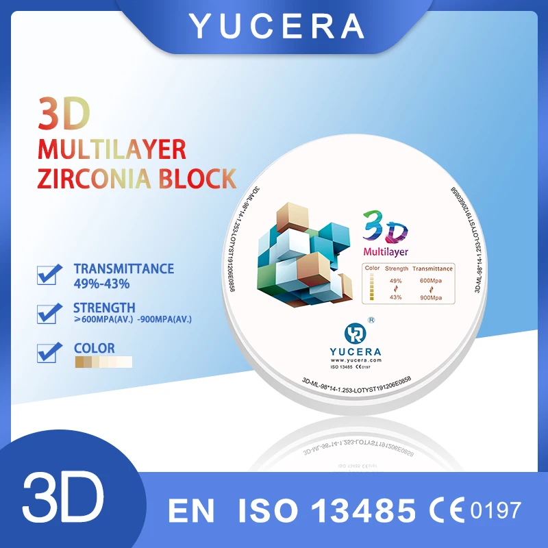 Yucera 3D plus multilayer zirconia 700-1050Mpa 98 20mm zirconia disc cad cam for dental milling machine