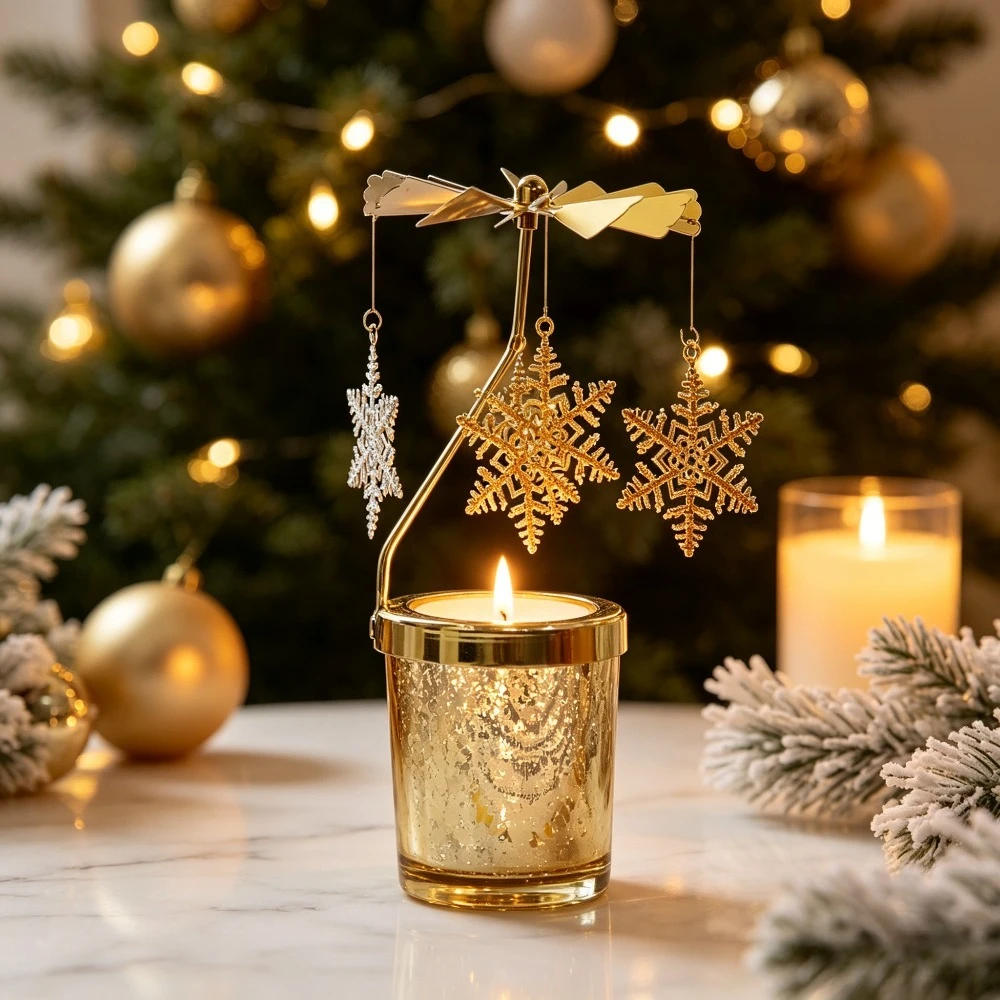 Heat Driven Rotating Carousel Candle Holder Golden Glass Candle Cup with Hanging Metal Pendant for Home Table Christmas Gift