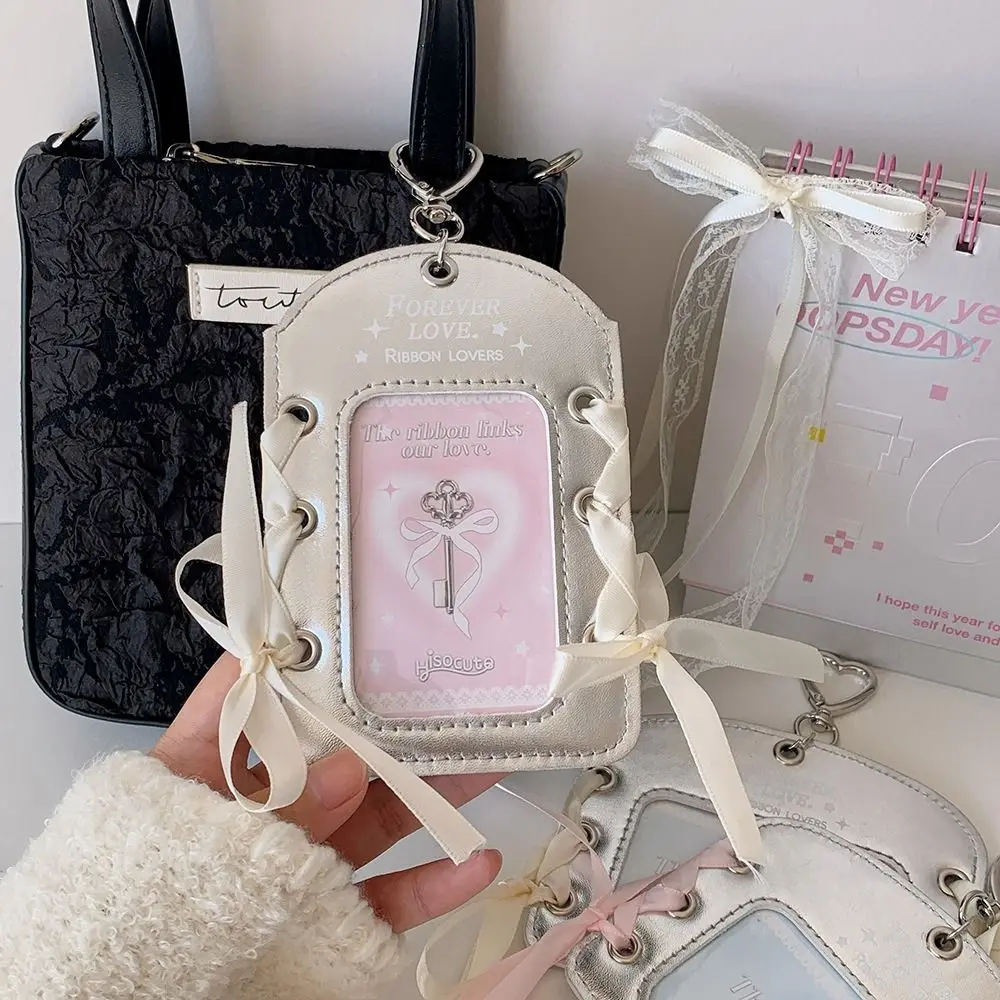 Sweet Korean Idol Balletcore Photocard Holder DIY Ribbon PU Photocard Holder with Keychain Pendant INS Bus Card Holder Outdoor