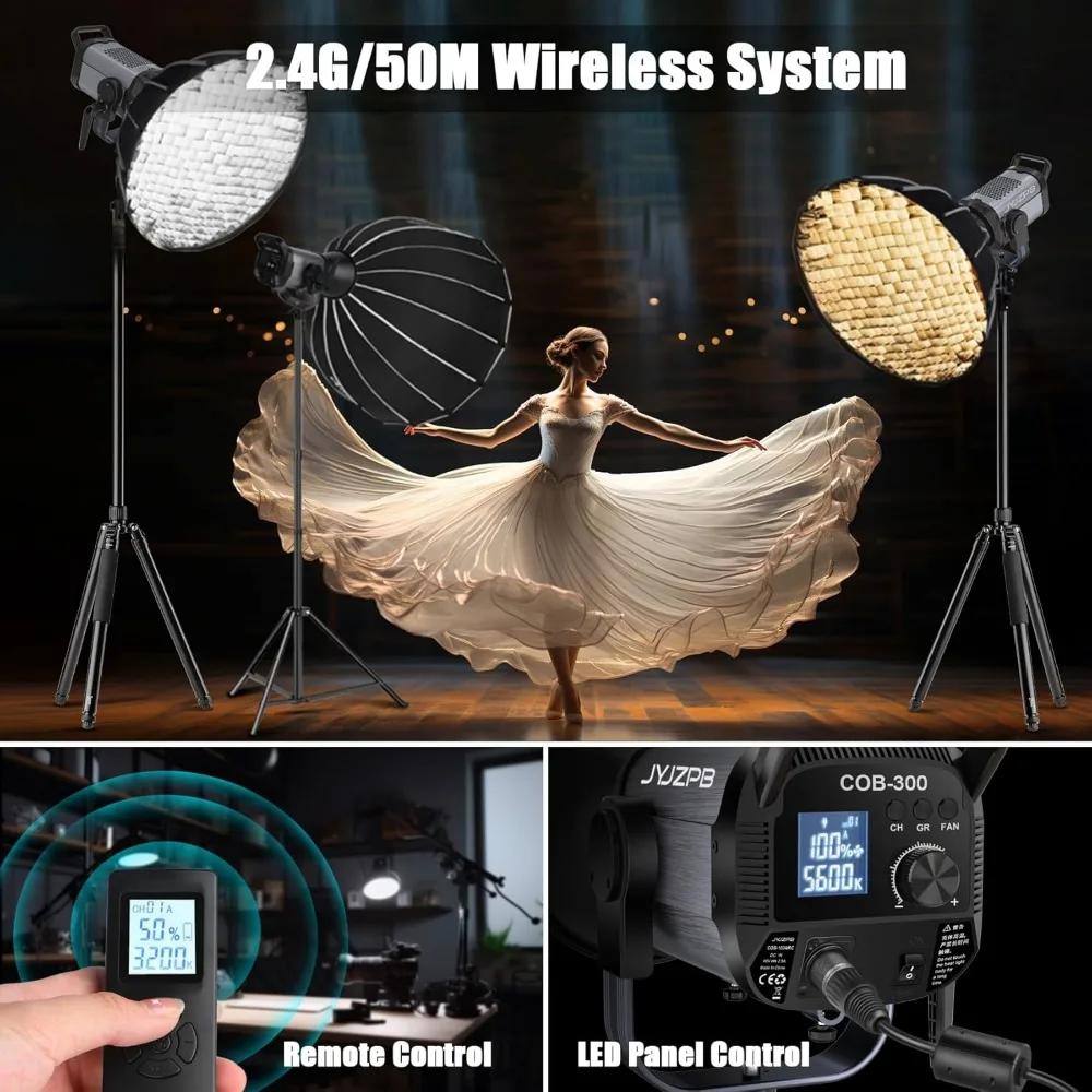 COB 300W Bi-Color LED Video Light with 2.4G Wireless Remote LCD Screen Full Color Continuous Output Lighting for Photography