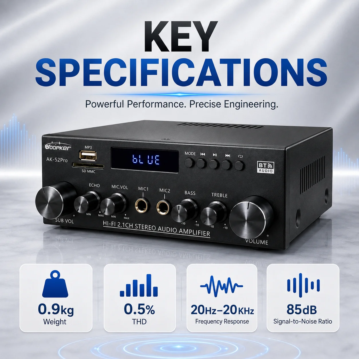 Woopker AK52 Pro 2.1-kanałowy wzmacniacz audio HiFi Stereo Bluetooth Subwoofer Echo Bass Treble do domu, samochodu, karaoke — zdjęcie produktu 5