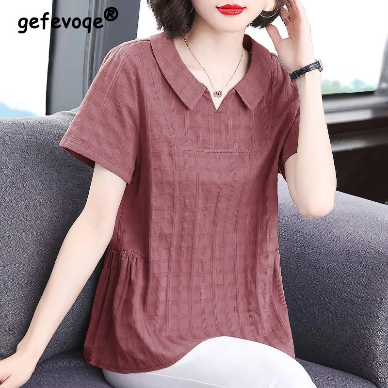 2024 Summer Women Korean Fashion Plaid Elegant Blouse Casual Solid Loose Cotton Shirt Simple Short Sleeve Tops Blusas Para Mujer