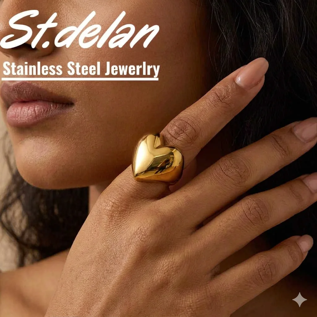 St.delan Exaggerated Big Heart Ring 18K Gold Plated Stainless Steel Hip Hop Fashion Ring for Wholesale