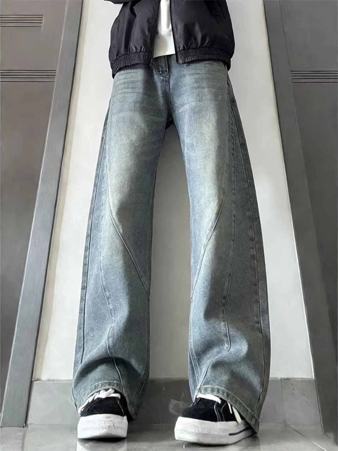 

American Retro Blue Bell Bot Men's Jeans Loose Wide Leg Pants 3D Cutting Straight Leg Trousers Faionable Straight Jeans