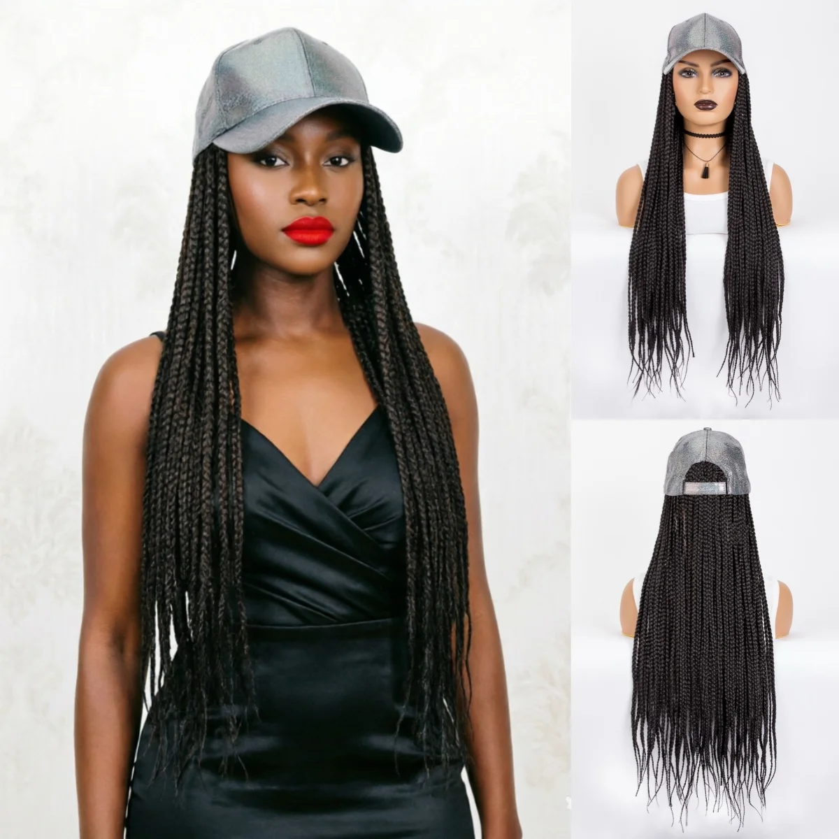 

WIGERA Synthetic 24Inch Long Silve Black Box Braiding With Baseball Cap With Braids Hair Extensions For Black Woman