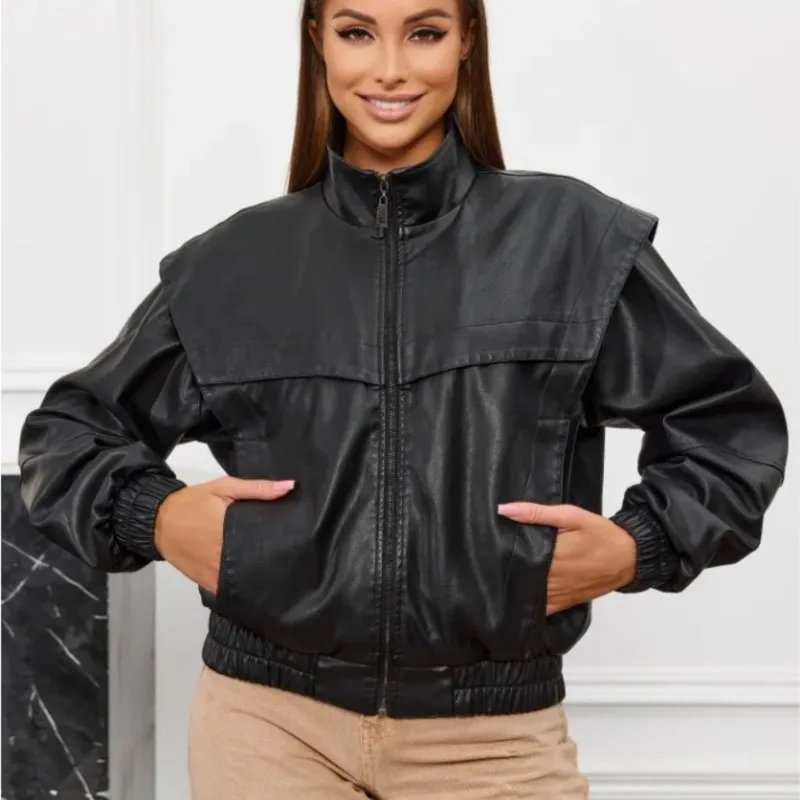 

2025 Women's Faux Leather Pilot Jacket with Large Pocket Accents Trendy & Versatile for Daily Wear Moto-Style Outerwear