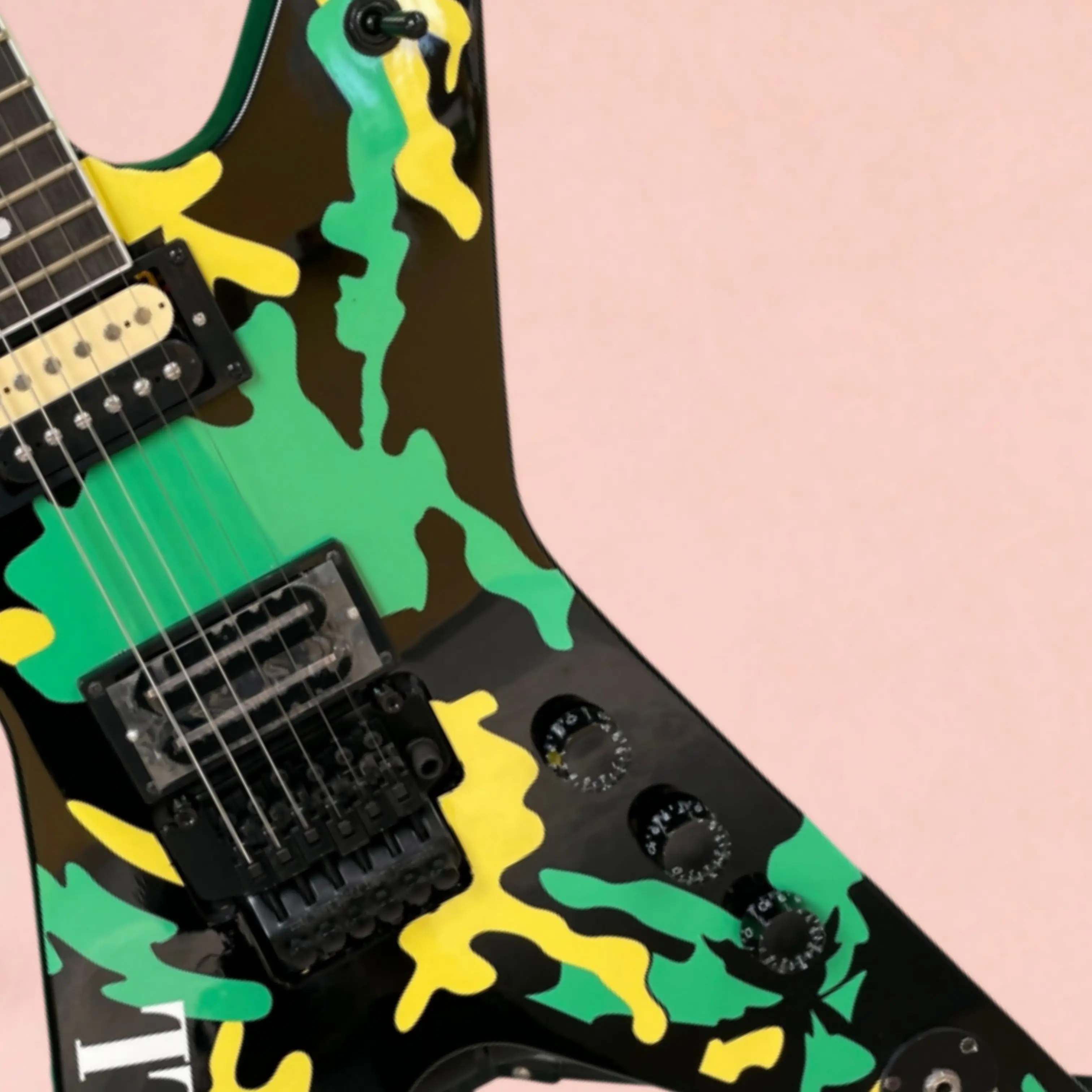 Cool 6-String Electric Guitar, Black Base, Green & Yellow Camo Splatter Graphic, Gloss Finish Guitars, Eye-Catching Look Guitarra