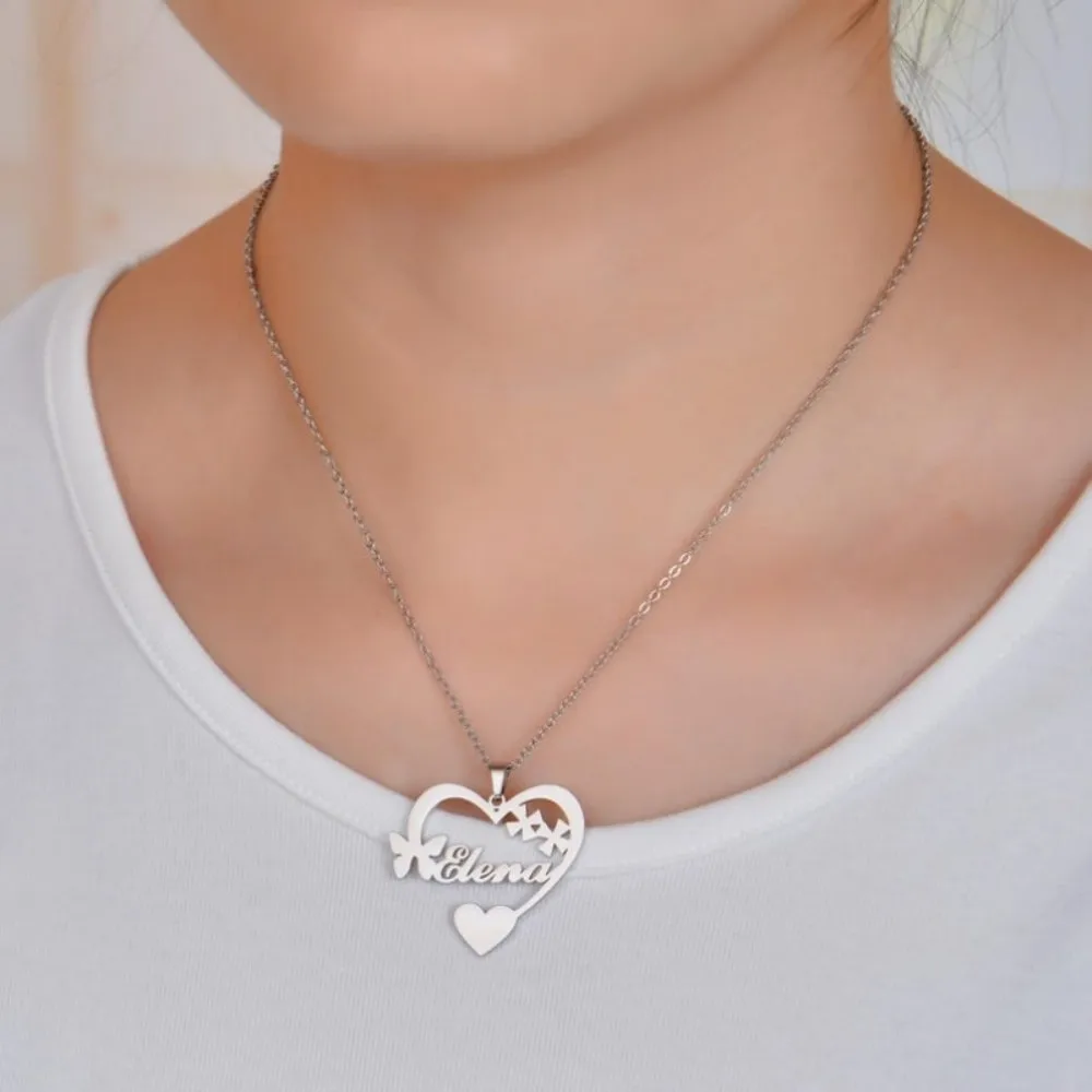 Customized Heart Name Necklace Personalized Bow & Star Design Pendant in Gold Silver & Rose Gold Elegant Heart Pednant Jewelry