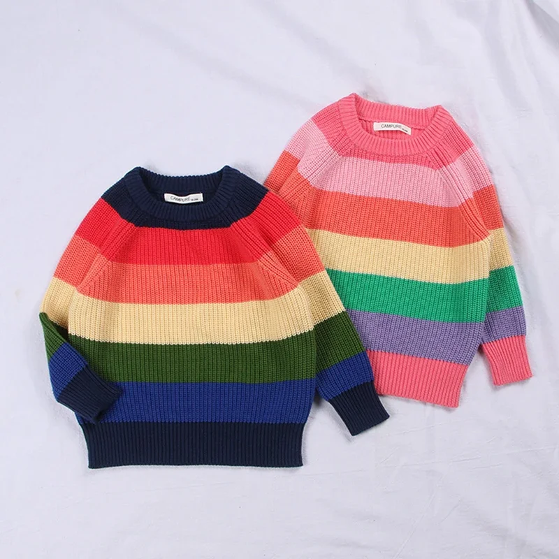 

2020 Baby Boy Girl Rainbow Striped Long Sleeve Kint Sweater Fashion Boys Girls Sweaters Autumn Toddler Kids Clothes Tops Outfit