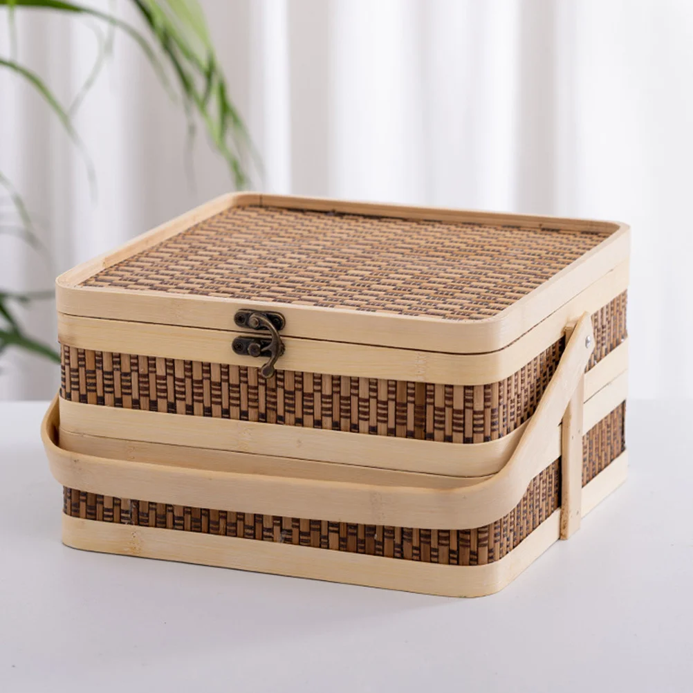 

Double Layer Bamboo Basket Handheld Woven Storage for Fruits Bread Snacks Household Sundries Portable Decor Picnic