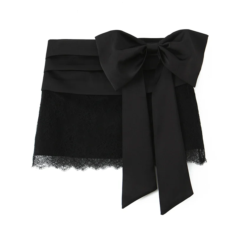 

Women's Short Skirt 2025 Autumn New Style Black Bow Decoration Lace Splice Mini Skirt Unique Fashion Sexy and Elegant
