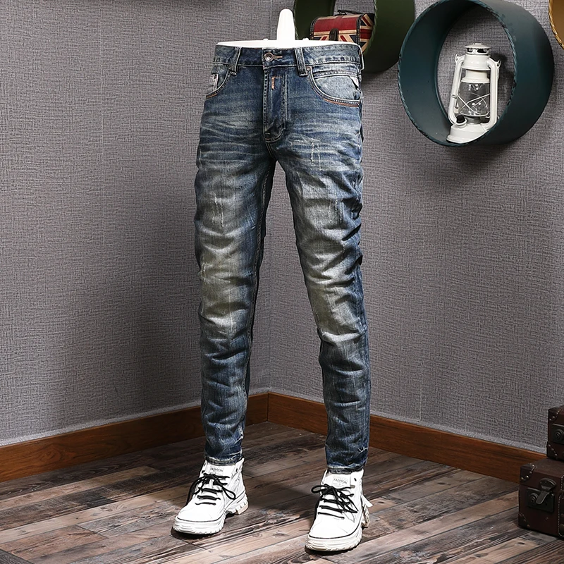 European Trend Fashion Men Jeans High Quality Retro Blue Elastic Slim Fit Ripped Jeans Men Vintage Designer Denim Pants Hombre