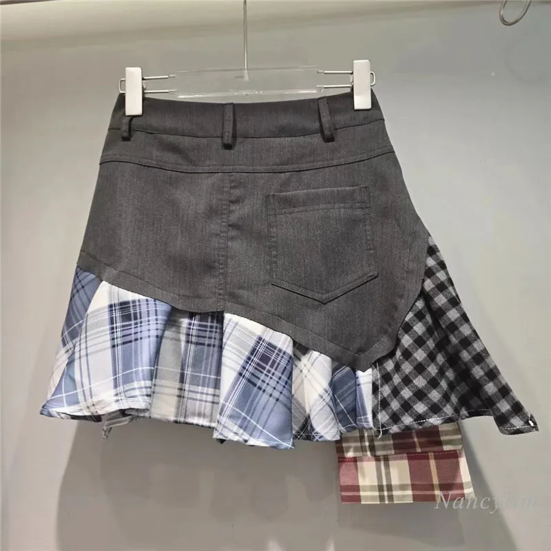 Irregular Design High Waist Asymmetric Plaid Stitching Gray Suit Skirt for Women Summer A- Line Skirts Female Street Cloth